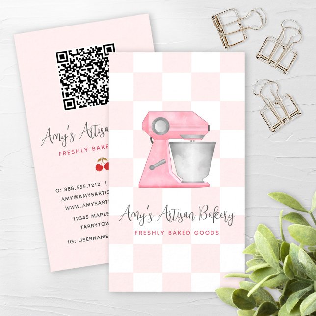 Blush Pink Bakery Mixer Chequered Pattern QR Code Business Card (Creator Uploaded)