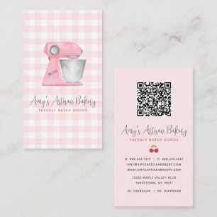 Blush Pink Bakery Mixer Gingham Pattern QR Code Business Card
