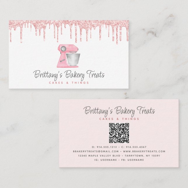 Blush Pink Bakery Mixer Glitter Drips QR Code Business Card (Front/Back)