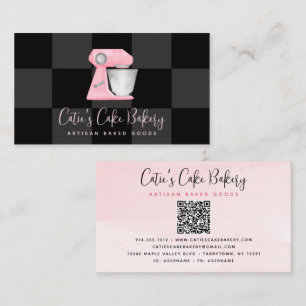 Blush Pink Bakery Mixer QR Code Black Chequered Business Card
