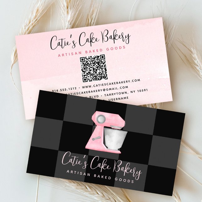 Blush Pink Bakery Mixer QR Code Black Chequered Business Card (Creator Uploaded)