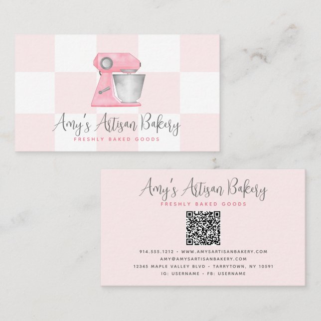 Blush Pink Bakery Mixer QR Code Chequered Pattern Business Card (Front/Back)