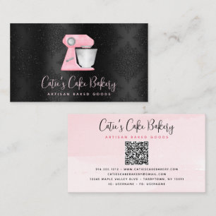 Blush Pink Bakery Mixer QR Code on Black Damask Business Card