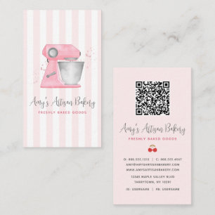 Blush Pink Bakery Mixer Stripes Pattern QR Code Business Card