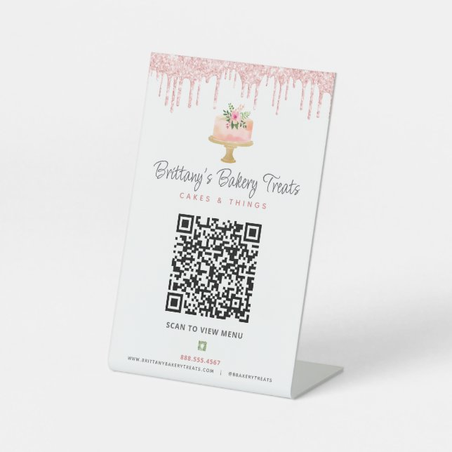 Blush Pink Bakery QR Code Scan Menu Cake Glitter Pedestal Sign (Front)
