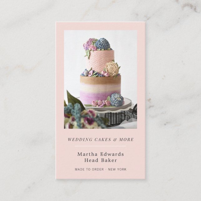 Blush pink bakery rustic wedding cake photography business card (Front)