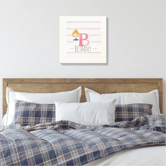 Blush Pink Ballerina Monogram B – Personalised Art Canvas Print (Insitu(Bedroom))