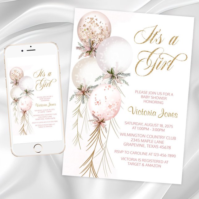 Blush Pink Balloon Baby Shower  Invitation (Blush pink gold balloon baby shower invitation.)