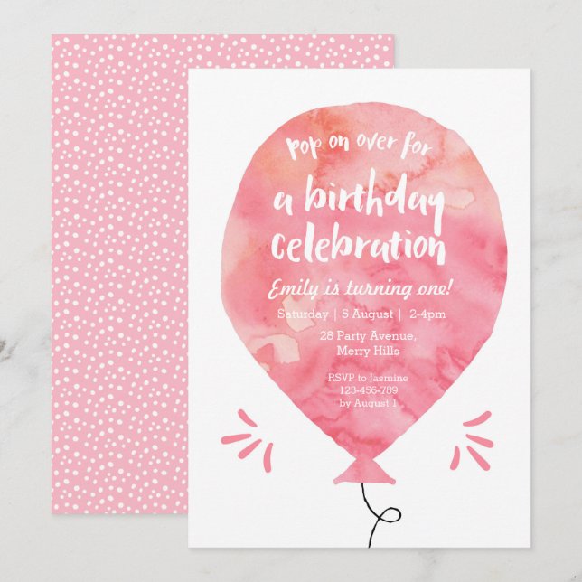 Blush Pink Balloon Birthday Invitation (Front/Back)