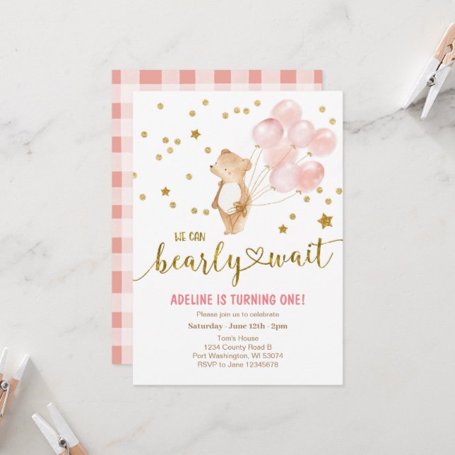 Blush Pink Balloons We Can Bearly Wait Birthday  Invitation (Front/Back In Situ)