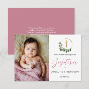 Blush Pink Baptism Baby Girl Photo Christening Thank You Card