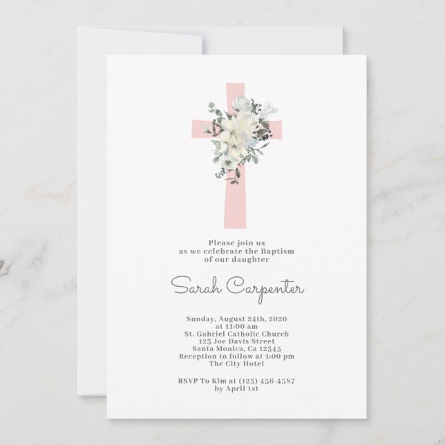 Blush Pink Baptism girl invitation (Front)