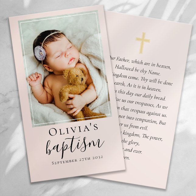 Blush Pink Baptism Photo Keepsake Prayer Card (Creator Uploaded)