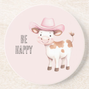 Blush Pink Be Happy Cowgirl Cow Coaster