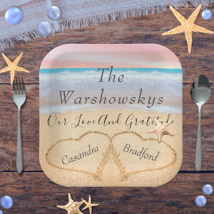 Blush Pink Beach Wedding 2 Heart Sand  Wedding   Paper Plate