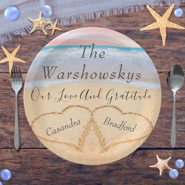 Blush Pink Beach Wedding 2 Heart Sand  Wedding   Paper Plate (Creator Uploaded)