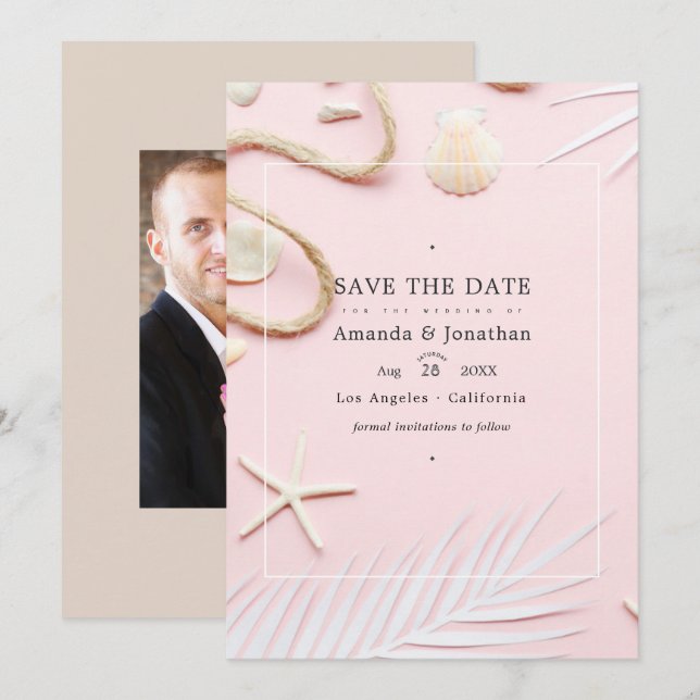 Blush Pink Beach Wedding Photo Save The Date (Front/Back)