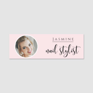 Blush Pink Beauty Professional Nail Stylist Photo Name Tag