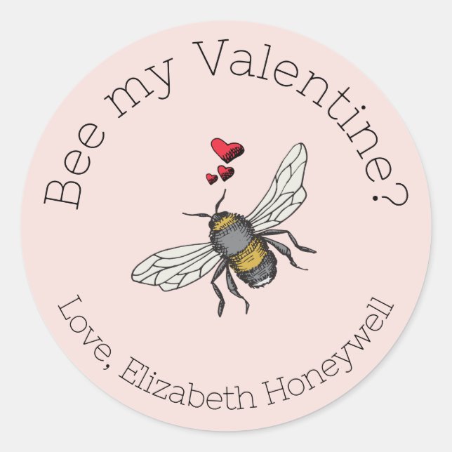 Blush Pink Bee My Valentine Honeybee Classic Round Sticker (Front)