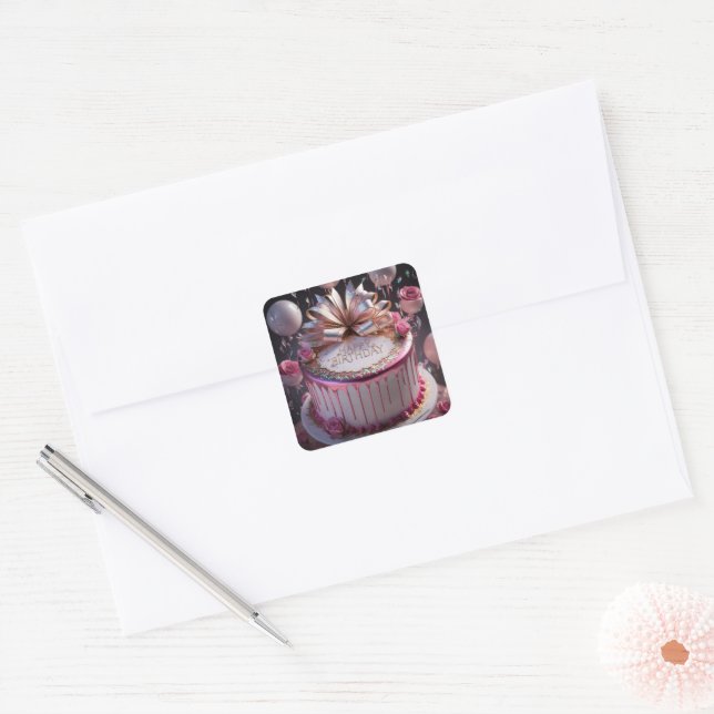 Blush Pink Birthday Cake Celebration  Square Sticker (Envelope)