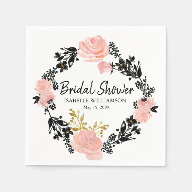 Blush Pink, Black and Gold Floral Bridal Shower Napkin (Front)