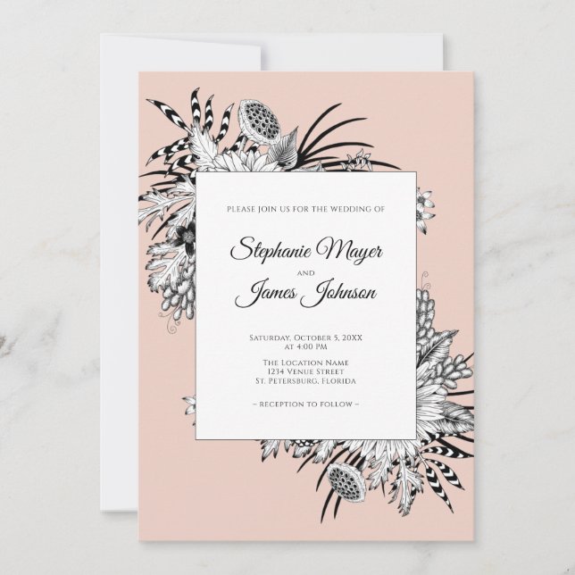 Blush Pink Black and White Floral Wedding Invitation (Front)