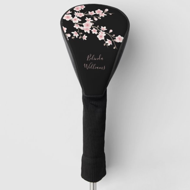 Blush Pink Black Cherry Blossom Monogram Golf Head Cover (Front)