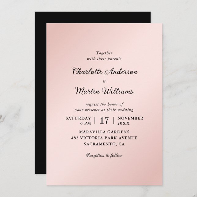 Blush Pink Black Elegant Minimalist Wedding Invitation (Front/Back)