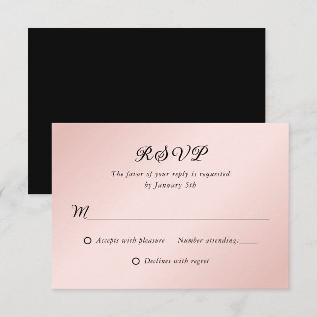Blush Pink Black Elegant Minimalist Wedding RSVP Card (Front/Back)