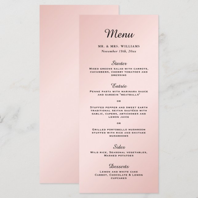 Blush Pink Black Elegant Modern Wedding Menu (Front/Back)
