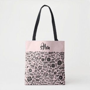 Blush Pink, Black Floral Pattern Monogram  Tote Bag