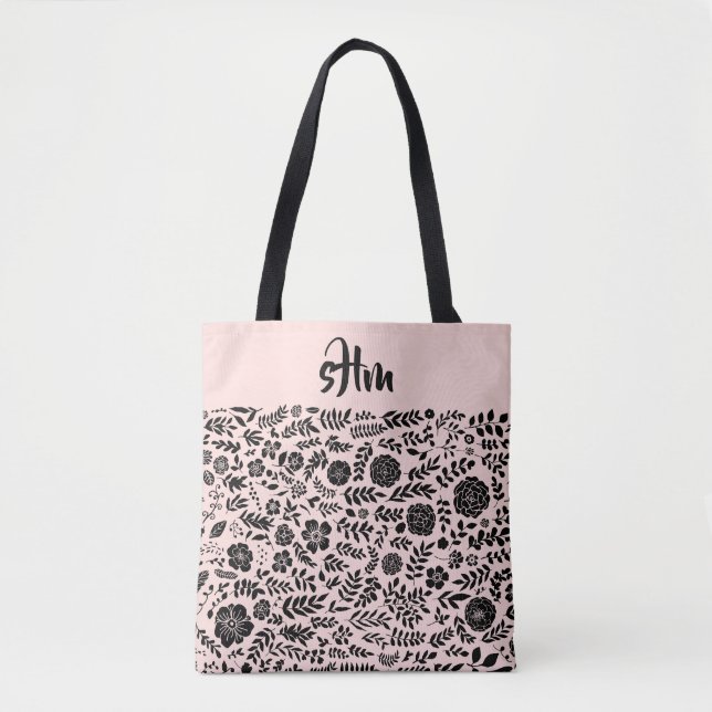 Blush Pink, Black Floral Pattern Monogram  Tote Bag (Front)