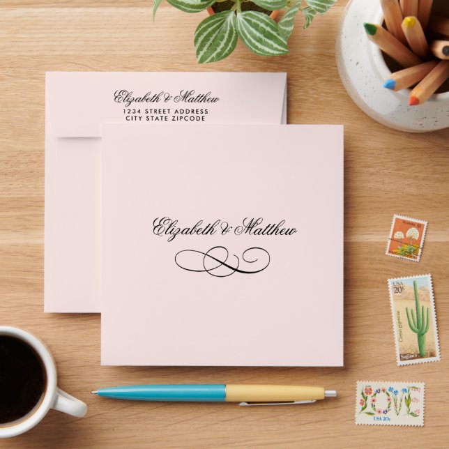 Blush Pink | Black Floral Pattern Wedding Envelope (Desk)