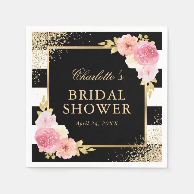 Blush Pink Black Gilded Floral Bridal Shower Napkin (Front)