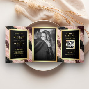 Blush Pink Black Gold Agate Marble QR Code Wedding Tri-Fold Invitation
