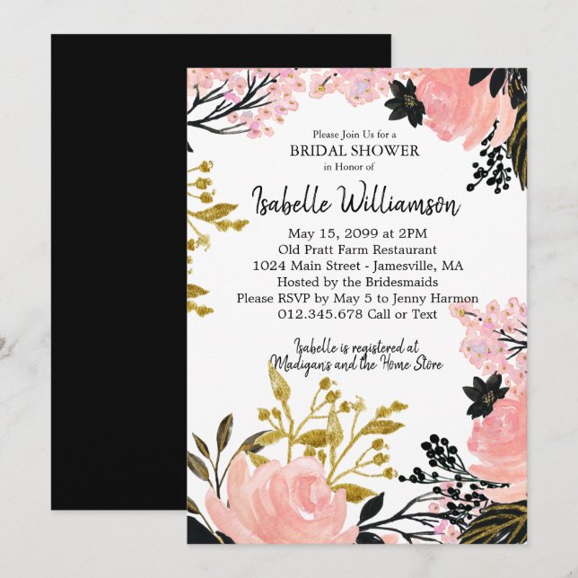 Blush Pink, Black, Gold Bridal Shower Invitations (Front/Back)