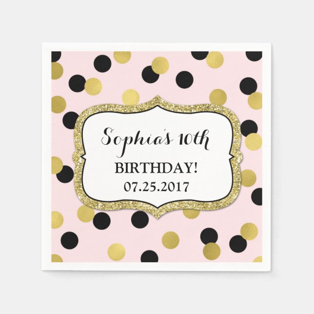 Blush Pink Black Gold Confetti Birthday Party Napkin (Front)
