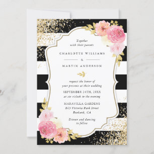 Blush Pink Black Gold Confetti Floral Wedding Invitation