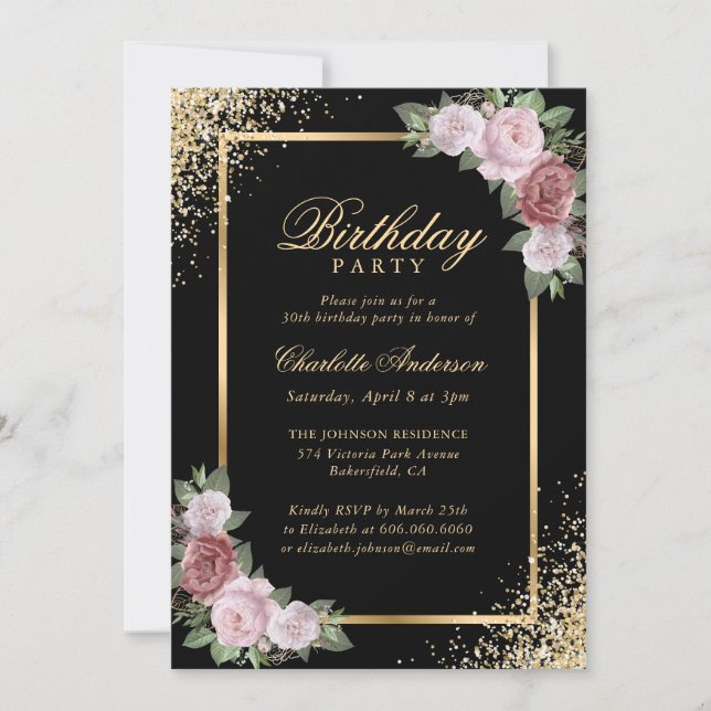 Blush Pink Black Gold Floral Birthday Party Invitation (Front)