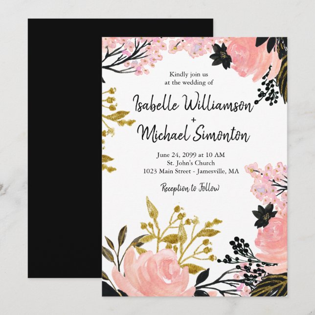 Blush Pink, Black, Gold Floral Wedding Invitations (Front/Back)