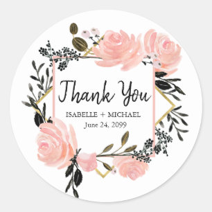 Blush Pink, Black, Gold Floral Wedding Thank You Classic Round Sticker
