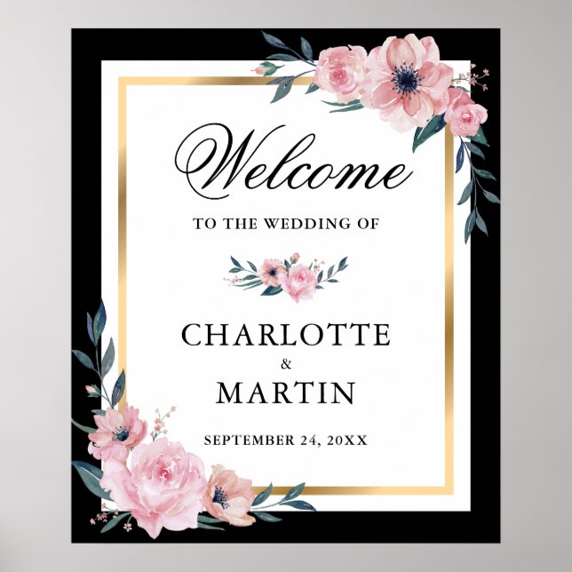 Blush Pink Black Gold Floral Wedding Welcome Sign (Front)