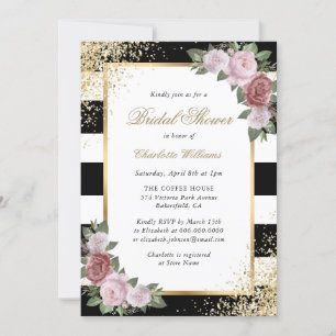 Blush Pink Black Gold Glitter Floral Bridal Shower Invitation