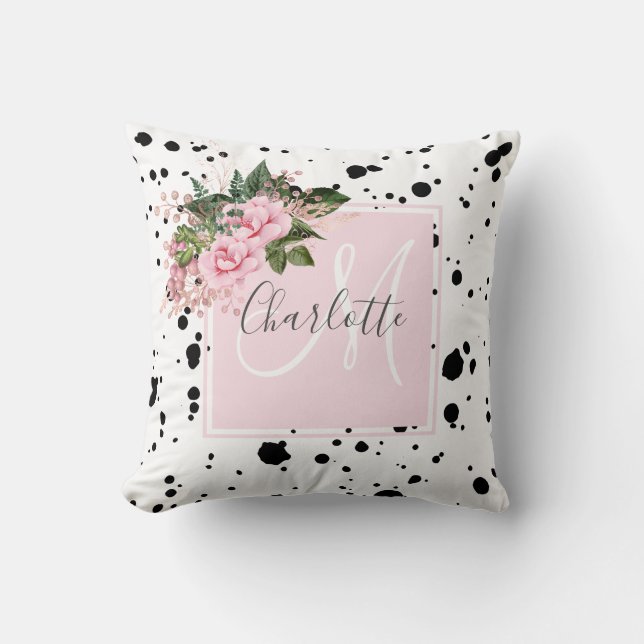 Blush pink black ink splatter floral monogram  cushion (Front)