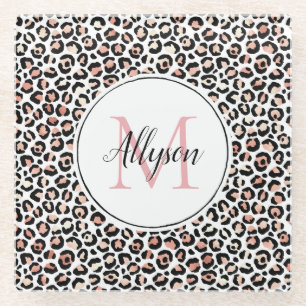 Blush Pink Black Leopard Print Monogram         Co Glass Coaster