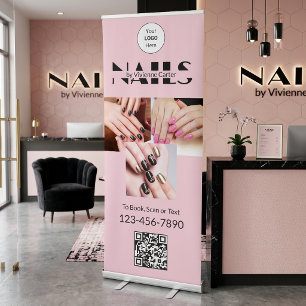 Blush Pink Black Logo QR Code Photo Nail Salon Retractable Banner