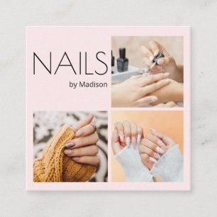 Blush Pink Black Modern Minimal Nails 3 Photo Square Business Card