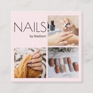 Blush Pink Black Modern Minimal Nails 3 Photo Square Business Card