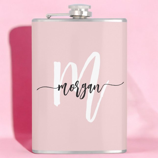 Blush Pink Black Monogram Girly Bachelorette Party Hip Flask (Creator Uploaded)