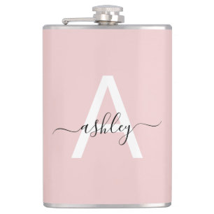 Blush Pink Black Monogram Girly Bachelorette Party Hip Flask